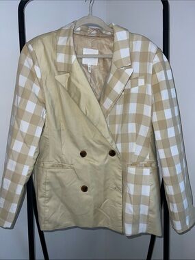 Beige & White Checked Double-Breasted Blazer